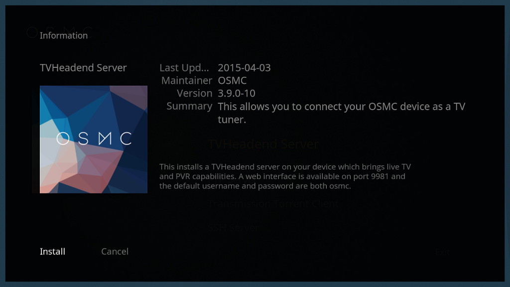 Tvheadend OSMC Inst 2